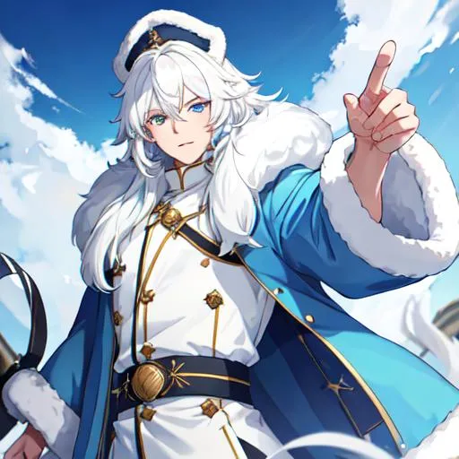 Prompt: Male, 8k, UHD,  highly detailed, white hair, blue eyes, wearing a fluffy giant jacket and a ushanka