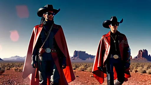 Prompt: Cyber Cowboy with 4 Arms, fiery red Poncho, Dressed in black duster and Stetson Cowboy Hat, with Red Sunglasses, Haunting Presence, Photorealism, Hyperrealism, Intricately Detailed, Hyperdetailed, Desert Wild West Landscape, Dusty Midnight Lighting, Filmic, Movie Quality, 8K Resolution, Wild West Feel