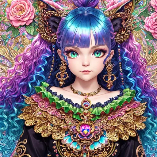 Prompt: A wicked cool cute catgirl, metallic colorful curly hair in pigtails, intricate details, beautiful eyes, intricate iridescent cloisonne details clothes, Acrylic art,  by Artgerm, Gediminas Pranckevicius, Jacek Yerka, Greg Rutkowski, Andrew atroshenko, Daniel Merriam, Lisa Buijteweg, trending on Artstation, intricate, highly detailed, crispy quality, dynamic lighting, hyperdetailed and realistic. 
highly detailed, sharp focus, extremely detailed, fantasy, intricate, high detail, dynamic lighting, award winning, fantastic view, high definition, crisp quality, colourful, hdr, acrylic art, quilling, focused