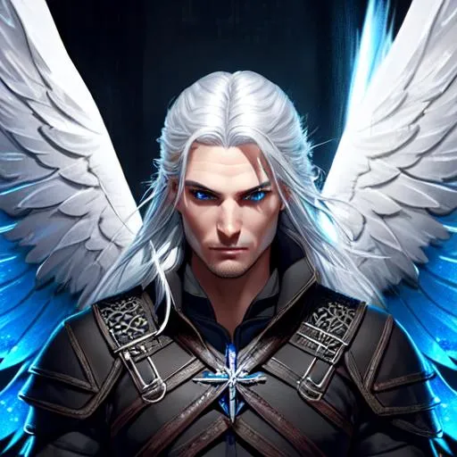 Prompt: A focused androgynous male figure, full figure+ angelic face +black wings +black long hair + blue eyes Geralt of rivera+ Full HD render + immense detail + dramatic lighting + well lit + black, character sheet, + fine esoteric symbol | ultra - detailed realism, soft cinematic lighting, high - quality, engraved | highly detailed |digital painting, artstation, concept art, smooth, sharp focus, Nostalgic, ethereal, nebula, 8k, hyper detailed, intricate detail, photorealistic, angelic face, full lips