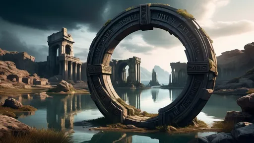 Prompt: magical portal between cities realms worlds kingdoms, circular portal, ring standing on edge, upright ring, freestanding ring, hieroglyphs on ring, broken ring, ruins, crumbling pillars, broken archways, ancient roman architecture, lakeside wilderness setting, panoramic view, futuristic cyberpunk tech-noir setting