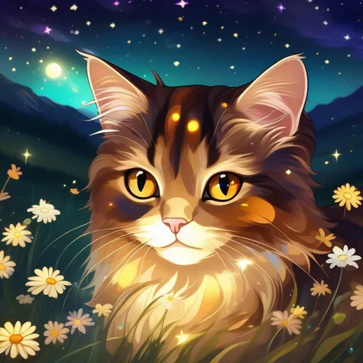Prompt: An fluffy translucent brown calico tiffany cat that is glowing, amber eyes, wearing a gold bow, in a meadow surrounded by daisies, rainbow, beneath the stars, bioluminescent, highres, best quality, concept art