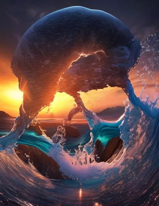 Prompt: long shot scenic professional photograph of {a sunset over a great wave}, perfect viewpoint, highly detailed, wide-angle lens, hyper realistic, with dramatic sky, polarizing filter, natural lighting, vivid colors, everything in sharp focus, HDR, UHD, 64K