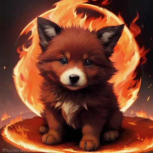 Prompt: Cute, red, fluffy, fire puppy, possessing the element of fire and making circles of fire
 move around in the air in a magical way. Perfect features, extremely detailed, realistic. Krenz Cushart + loish +gaston bussiere +craig mullins, j. c. leyendecker +Artgerm.