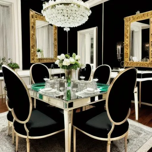 Prompt: black mirrored dining room, elegant, crystal frame chairs, emerald upholstery, elegant and sophisticated. art nouveau, turn of the century. photorealism.