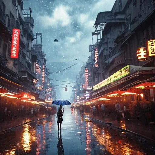 Prompt: Disrupting daily scene, realistic character, details, epic, realistic, photo, cinematic, floating lights, diffusion, umbrellas in the sky, rising sun, reflective wet ground, depth of field