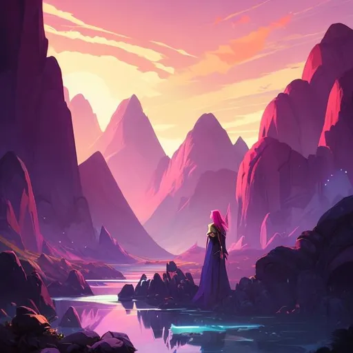 Prompt: there is a woman sorceress with a large purple pouch on back looking at a mountain, atey ghailan 8k, ross tran. scenic background, artgerm and atey ghailan, concept art | rhads, looking at the mountains, andreas rocha style, ilya kuvshinov landscape, by sylvain sarrailh, inspired by Atey Ghailan, traveling through green mountains