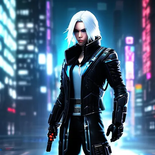 Prompt: Cyber punk well built assassin, with white hair , male

