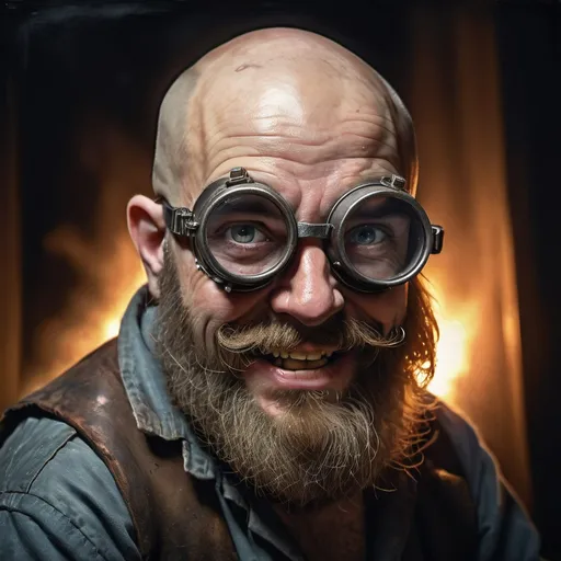 Prompt: Young bald dwarf madman smith in welding goggles portrait, mad scientist grin, climatic lighting, shaded welding goggles, high contrast, detailed facial expression, intense gaze, oil painting, dark and moody, atmospheric lighting, dramatic shadows, fluffy beard, detailed facial hair, 
