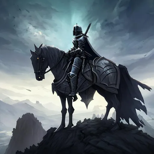 Prompt: Undead knight on top of a cliff staring off into the distance 
