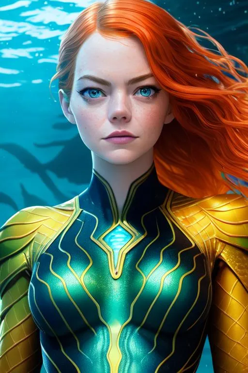 Prompt: professional photo of Emma Stone as Mera from Aquaman movie, swimming underwater, long wet curly hair, rendered eyes, detailed iris, high detail, intricate detail, high resolution, ultra high definition, 8K, accurate, realistic, photo, smooth skin, soft lighting