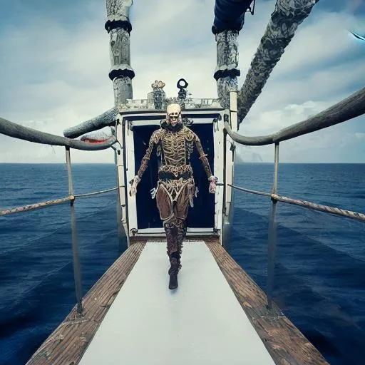 Prompt: Skeleton Viking on a ship at sea in the dark night