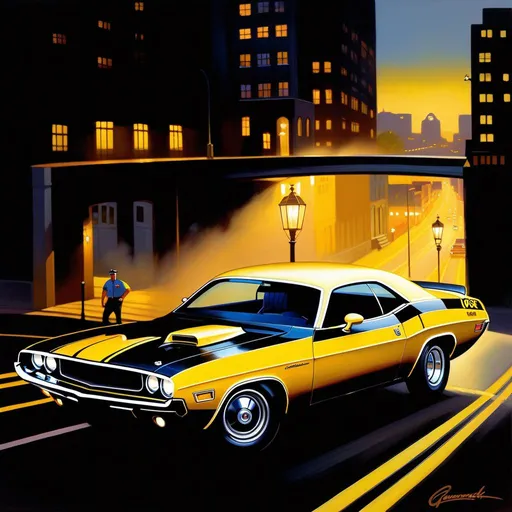 Prompt: Yellow Dodge Challenger 1970, car chase, cops, Pittsburgh at night, warm atmosphere, cartoony, extremely detailed painting by Greg Rutkowski and by Henry Justice Ford and by Steve Henderson.