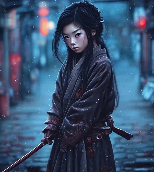 Prompt: samurai girl, steanpunk style, hyperrealistic, dark colors, rainy scenery