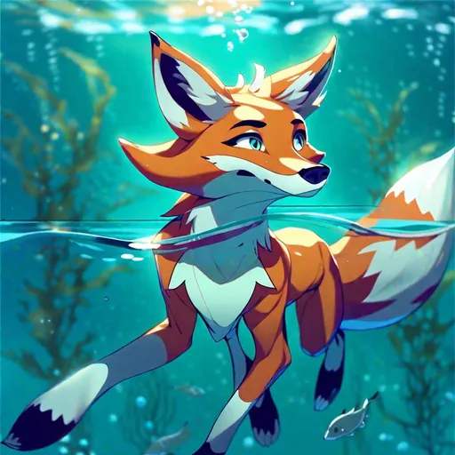 Prompt: Anthro fox swimming underwater