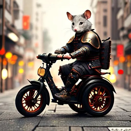 Prompt: a human mouse in [samurai armor] sitting on a little tricycle in the city, photo, glowing grey, highly detailed, detailed face, thick, full body, 2 legs, perfect composition, beautiful detailed intricate insanely detailed octane render trending on artstation, 8 k artistic photography, photorealistic concept art, soft natural volumetric cinematic perfect light, chiaroscuro, award - winning photograph, masterpiece, oil on canvas, raphael, caravaggio, greg rutkowski, beeple, beksinski, giger