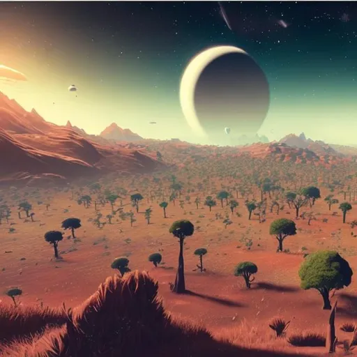 Prompt: draw an interesting planet. we are standing on a land. it must look like real. draw realistic photo but the planet should be like in "no man's sky" game. you must draw realistic photos from a different planet.