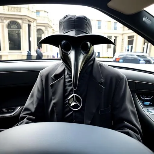 Prompt: Plague doctor driving a Mercedes in london sunny day