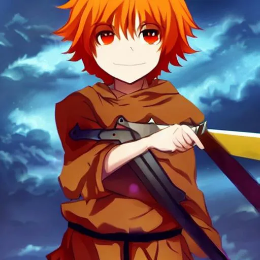 Prompt: beutiful light skin anime boy, orange cury hair, small, cute face, sword, darkness