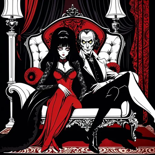 Prompt: Junji Ito manga style Black and White, Elvira Mistress of the Dark lying on her side on a Chaise Lounge with John Carradine next her), baroque style, dark color scheme, elegantly gothic attire, intricate details, dim lighting, dramatic shadows, opulent background, luxurious textures, ornate furniture, deep reds and blacks, baroque patterns, solemn atmosphere, rich color tones, dark romanticism, ultra-detailed, 4K, photorealistic masterpiece, timeless elegance.