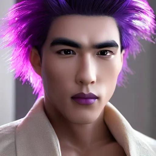Prompt: Hyperdetailed realistic beautiful adult. 20 years old, 1950s greaser, white skin, asian man with dark purple and red hair, long spiky hair, asian white skin, happy expression, shine eyes, he has a black eye iris, detailed man face, posing, lips with purple lipstick, delicate and well-defined thin nose, man face, Standing pointing forward,