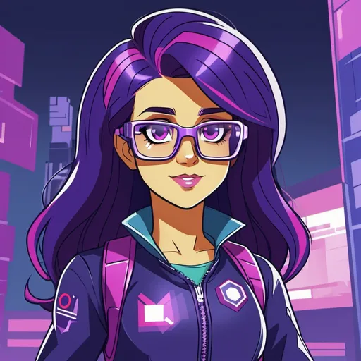 Prompt: cyberpunk equestria girls twilight sparkle wearing glasses and a high-tech jumpsuit 