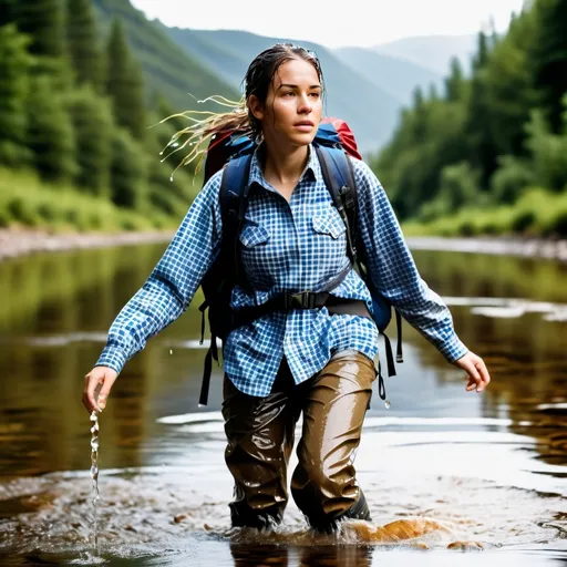 Prompt: photo of young woman, soaking wet clothes, Hiking boots, hiking pants, Plaid shirts,  , Floating down a river with a backpack,   enjoying, water dripping from clothes, clothes stuck to body,  detailed textures of the wet fabric, wet face, wet plastered hair,  wet, drenched, professional, high-quality details, full body view.