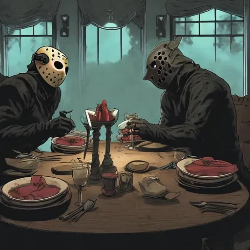 Prompt: Jason Voorhees and Hannibal lechter dining together

