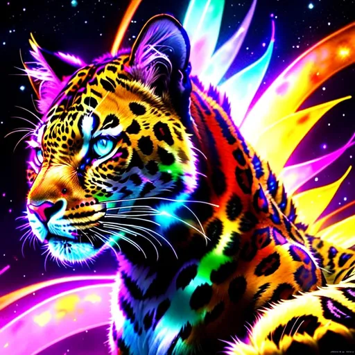 Prompt: Watercolor portrait of a roaring neon leopard dragon with iridescent black markings roaring with cute face and galaxy in background, perfect composition, hyper realistic, super detailed, 8k, high quality, trending art, trending on art station, sharp focus, studio photo, intricate details, highly detailed, by greg rutkowski, illustration, watercolor