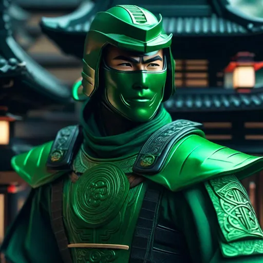 Prompt: Portrait of { Ninja green lantern } on top of {edo era Japan}, perfect composition, hyperrealistic, super detailed, 8k, high quality, trending art, trending on artstation, sharp focus, studio photo, intricate details, highly detailed,happy face, by greg rutkowski