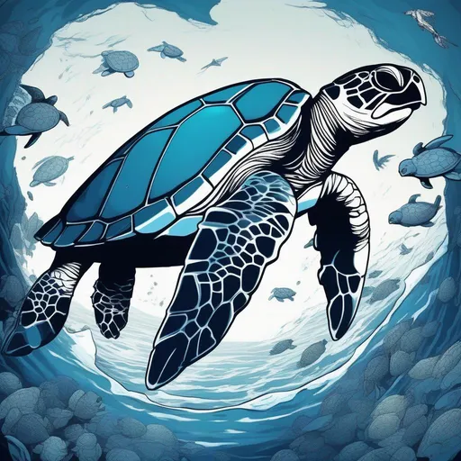 Prompt: Shadow Punishment, dangerous deep blue sea, sea turtles, best quality, masterpiece, in cartoon style