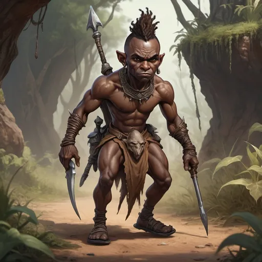 Prompt: Full-body, Fantasy Illustration of a wingless male tiny African antriding gnome warrior, skinny body and dark complexion, grumpy expression, riding on a ant, RPG-fantasy, intense, detailed, detailed character design, atmospheric, savanna background, hyperrealistic 