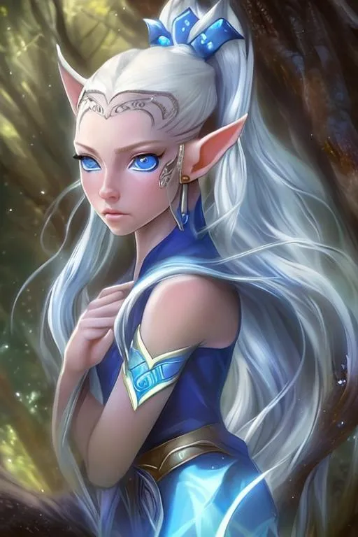 Prompt: A woman of the elf race with huge blue eyes that are shimmering in the light that shines her blue long hair is in a ponytail.On her head sits a beautiful grown. She stands on a tree with a bow in her hand.   She has two pointy ears. On them there are earrings.  On one of them is a blue Saphire she does look a little bit downwards and smiles brighly