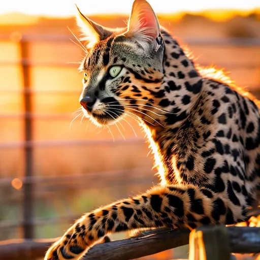 Prompt: Vibrant, colorful gif of a savannah cat, summer evening, sunset colors, jumping over a rustic fence, detailed fur with warm reflections, lively and energetic motion, high definition, dynamic, gif, savannah cat, colorful, vibrant, sunset colors, detailed fur, energetic motion, rustic fence, high quality