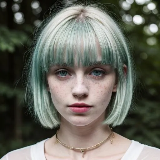 Prompt: A woman, pale skin, collar, partially green hair, short hair, oversized t-shirt, blue eyes, happy, blushing, cosy, moody, flat chest, freckles, cute looking, masterpiece, nature, masterpiece, hd quality,