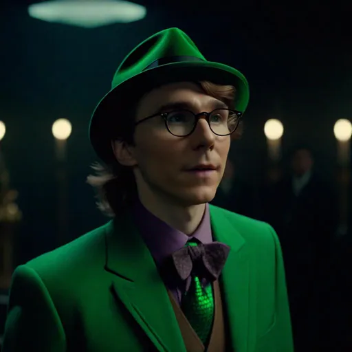 Prompt: Screen grab of {paul dano as the riddler}, in {classic 80s dark fantasy batman movies} {directed by tim Burton} perfect composition, hyperrealistic, super detailed, 8k, high quality, trending art, trending on artstation, sharp focus, studio photo, intricate details, highly detailed,happy face, by greg rutkowski