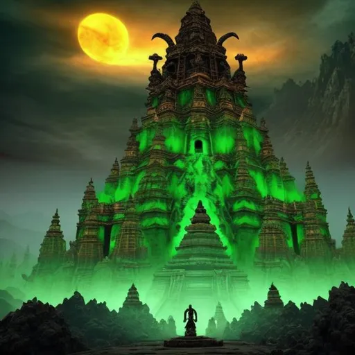 Prompt: A Scary Old Broken Temple with long hinduism character. The temple is situated in middle of the black rock mountains. Green Lava is flowing on one side of the temple. Lots of skeletons with satanic suits are worshipping standing outside the temple. Sky is full of dark clouds and green fire coloured theme.