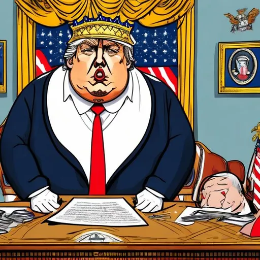 Prompt: Obese Trump as king with a crown on his head at his desk,  with stars and stripes, too long red tie + dark-blue suit, Oval Office scene, Sergio Aragonés MAD Magazine cartoon style 