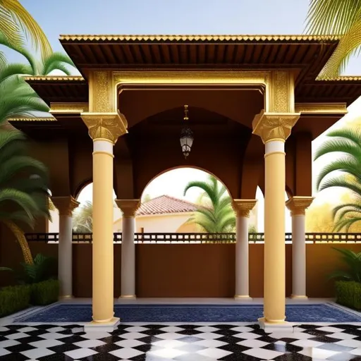 Prompt: Create some pillars with golden details, with an arch interconnecting the others and a balcony at the top of these pillars, external view, in a front view, seen from the backyard horizontally, cinematic light, front angle view, UHD, HDR, 8K, ((Masterpiece))