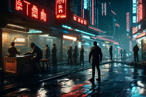 Prompt: a cyberpunk scene, a man hunched over bar in the foreground. Window behind him showing a dark, rainy, nighttime cyberpunk street