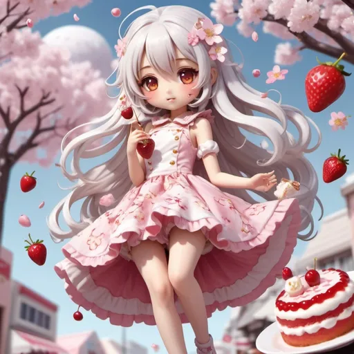 Prompt: kawaii dessert theme chibi girl in a cherry blossom dessert themed cute very detailed flowy lolita dress with long flowy silver white hair and galaxy yellow golden eyes with candy on it doing dynamic poses in an interesting birds eye view perspective with cherry petals falling and the girl near a cafe holding a slice of strawberry pocky stick cake