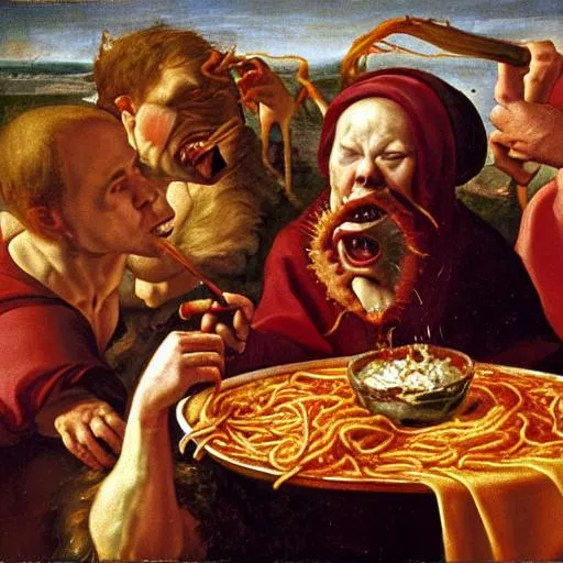 Prompt: Renaissance painting of demon eating spaghetti 