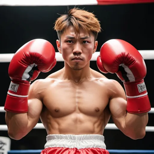 Prompt: A Japanese boxer resembling Naoya Inoue with strong muscles and determined gaze. Handsome face wearing huge big red boxing gloves. Raised up both muscular arms to show off his muscles.