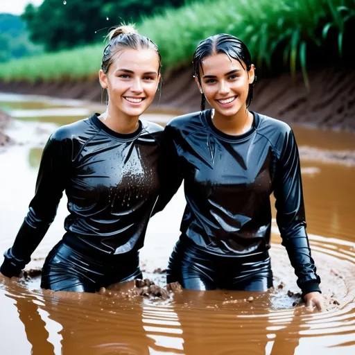 Prompt: photo of young woman, soaking wet clothes, black trainers with black football socks, black shiny nylon shorts, black long sleeve sports crop top,  , two young women enjoying a deep mudbath together, relaxing, bathing deep in liquid mud,   enjoying, water dripping from clothes, clothes stuck to body,  detailed textures of the wet fabric, wet face, wet plastered hair,  wet, drenched, professional, high-quality details, full body view.