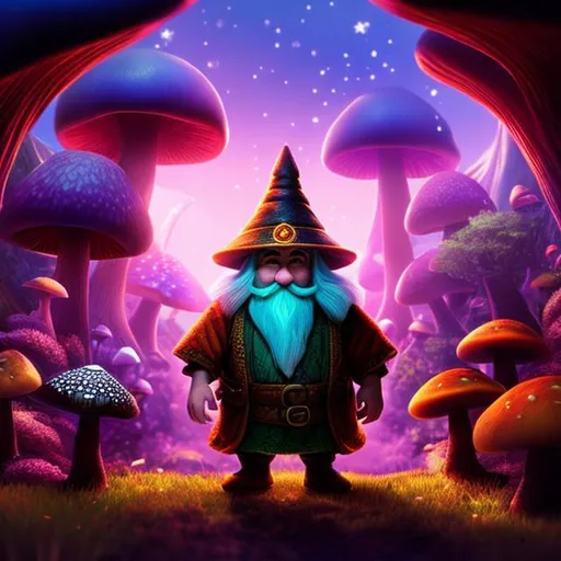 Prompt: Mushroom, dwarf, gnome, magic, fantsy, mushroom man, living fungus, spores, glow, purples pinks oranges and greens, cave, dim lighting, spooky, adventure, long ears, big nose, bearded