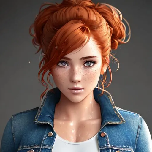 Prompt: ginger hair in a messy bun full of barrette, buxom tomboy girl, sweaty wet, covered in sweat, face full of freckles, wears open jacket and ripped jeans, highly detailed face, highly detailed eyes, highly detailed body, full body pose, whole body visible, full character visible, soft lighting, high definition, highly detailed, ultra realistic, unreal engine 5, 8K, digital art