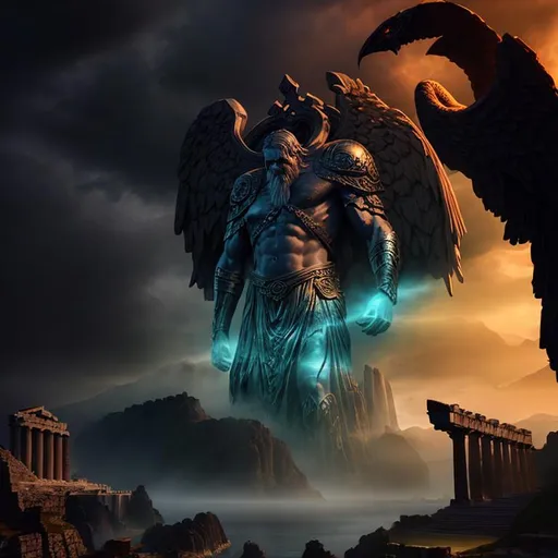 Prompt: Epic, Heroic, fantasy, ominous, cinematic, 3D, HD, [{God}Man]::2, {Greek}mythology, mist, expansive ancient Greece background, hyper realistic, 8K --s98500