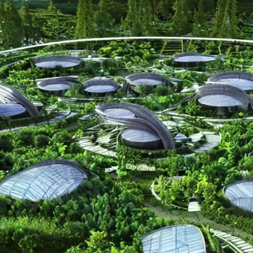 Prompt: Rendering of a futuristic eco village with a lot of plants