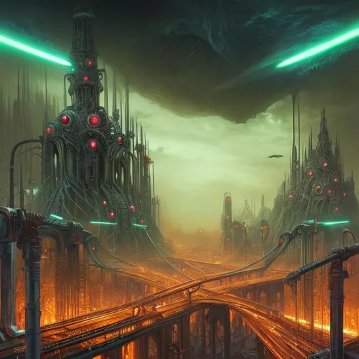 Prompt: Fantasy art style, painting, metal, chrome, bridges, metropolis, city, crowded city, overpopulation, pollution, Evil, dictatorship, green neon lights, neon lights, green lights, futuristic, biological mechanical, dystopian, pipes, tubes, cables, nuclear weapons, weapons, teeth, brutalist, fog, smog