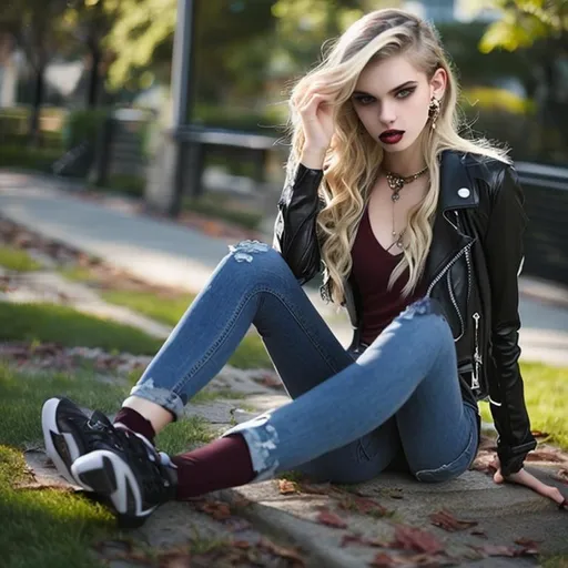 Prompt: (((portrait)) location is a university campus park.
description: 22-year-old female vampire, university student, serious, thoughtful. Blonde, long, slightly wavy hair, green eyes, thin eyebrows, straight hair, the darkest burgundy lipstick. Worried expression. Fashionable but solid jewelry. Black leather jacket, burgundy top, blue jeans. Sport shoes.
He sits in the grass, under the trees, with his legs crossed. Waiting for someone. He looks straight into the camera.
Lighting: afternoon natural light refracted by the shadows of the park's trees.
Design: photo realistic, detailed.